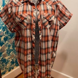 Woman’s Harley Davidson snap up shirt red-orange in color